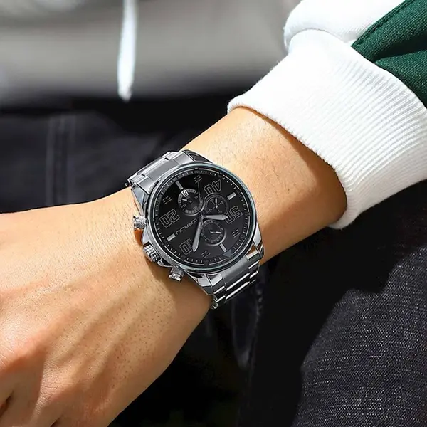 CRRJU 2307 Stainless Steel Multifunction Masterpiece Classic Chrono Men's Watch – Dial Color: Black, Strap Color: Silver – View 4