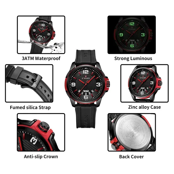 NAVIFORCE NF9215T Trendy Sports Men’s Watch – Dial Color: Red, Strap Color: Black – View 3