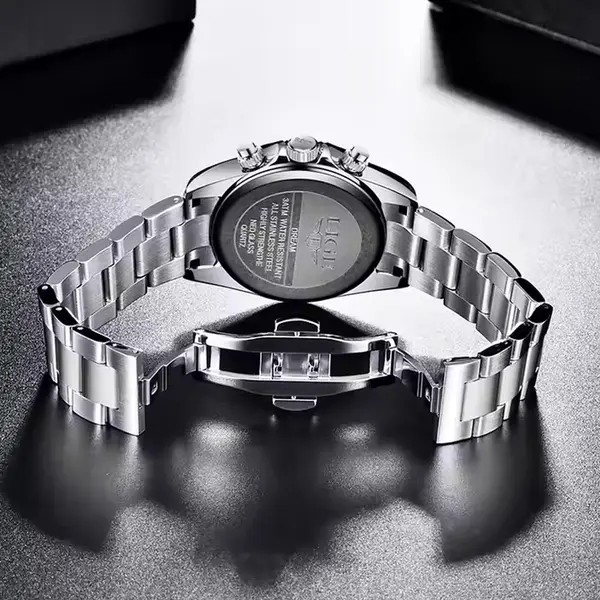 LIGE 8937 Premium Analog Stainless Steel Luxury Men's Watch – Dial Color: White, Strap Color: Silver – View 3