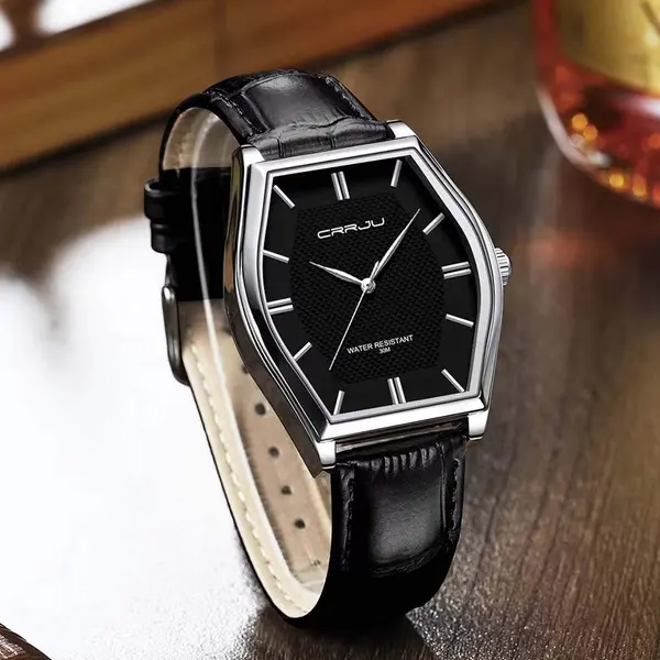 CRRJU 5020 Genuine Leather Strap Quartz Analog Luxury Redefined Men’s Fashion Watch – Dial Color: Silver, Strap Color: Black – View 2