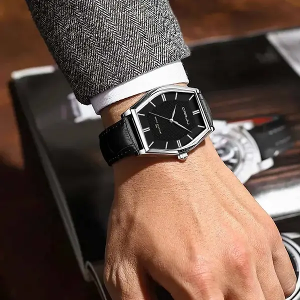 CRRJU 5020 Genuine Leather Strap Quartz Analog Luxury Redefined Men’s Fashion Watch – Dial Color: Silver, Strap Color: Black – View 3