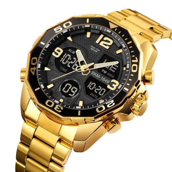 Skmei 1649BK Stainless Steel Digital LED Light Analog Men's Watch – Dial Color: Black, Strap Color: Gold  – View 2
