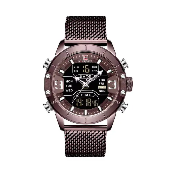 Naviforce NF9153 Mesh Stainless Steel Dual Display Multifunctional Sports Men's Watch – Dial Color: Maroon, Strap Color: Maroon – View 1