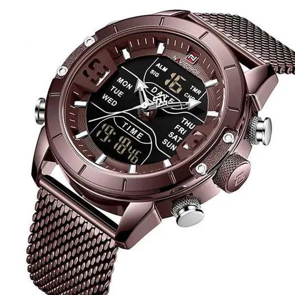 Naviforce NF9153 Mesh Stainless Steel Dual Display Multifunctional Sports Men's Watch – Dial Color: Maroon, Strap Color: Maroon – View 2