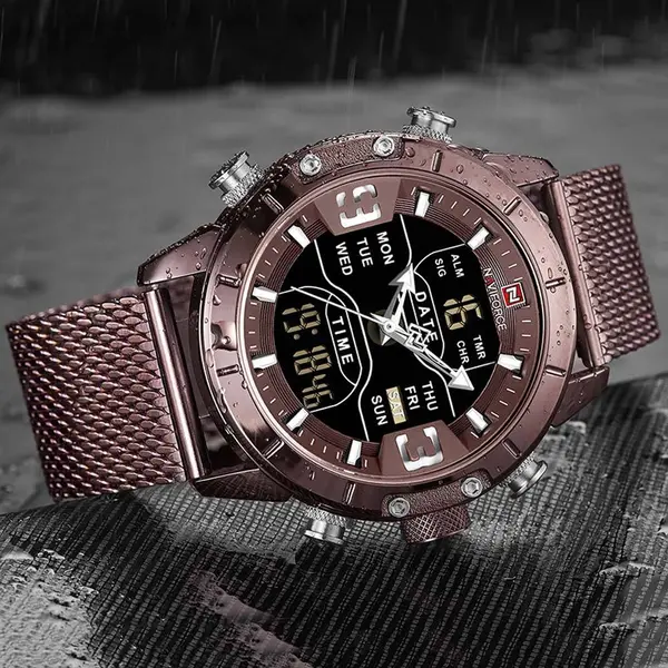 Naviforce NF9153 Mesh Stainless Steel Dual Display Multifunctional Sports Men's Watch – Dial Color: Maroon, Strap Color: Maroon – View 3
