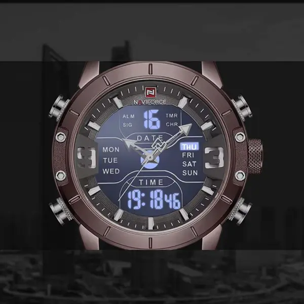 Naviforce NF9153 Mesh Stainless Steel Dual Display Multifunctional Sports Men's Watch – Dial Color: Maroon, Strap Color: Maroon – View 4