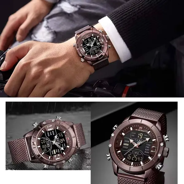 Naviforce NF9153 Mesh Stainless Steel Dual Display Multifunctional Sports Men's Watch – Dial Color: Maroon, Strap Color: Maroon – View 6