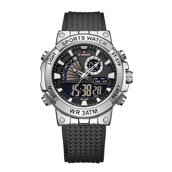 NAVIFORCE NF9219 Luxury Fashion Quartz Analog Digital Men's Watch – Dial Color: Silver, Strap Color: Black – View 1