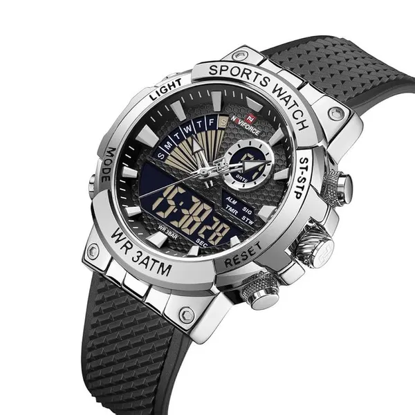 NAVIFORCE NF9219 Luxury Fashion Quartz Analog Digital Men's Watch – Dial Color: Silver, Strap Color: Black – View 2
