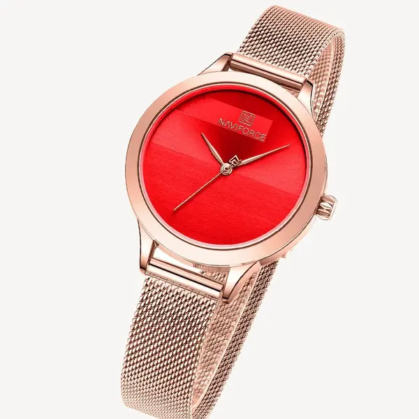 NAVIFORCE NF5027 Romantic Charming Quartz Luxury Stainless Steel Women Watches – Dial Color: Red, Strap Color:  Brown  – View 3