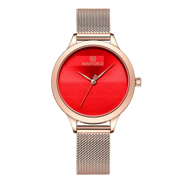 NAVIFORCE NF5027 Romantic Charming Quartz Luxury Stainless Steel Women Watches – Dial Color: Red, Strap Color:  Brown  – View 1