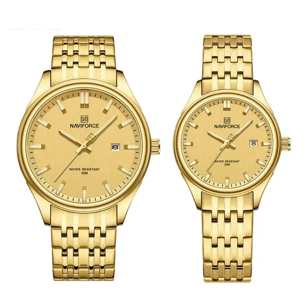 Naviforce NF8039 Luxury Stainless Steel Quartz Analog Casual Couple Watch – Dial Color: Gold, Strap Color: Gold  – View 1