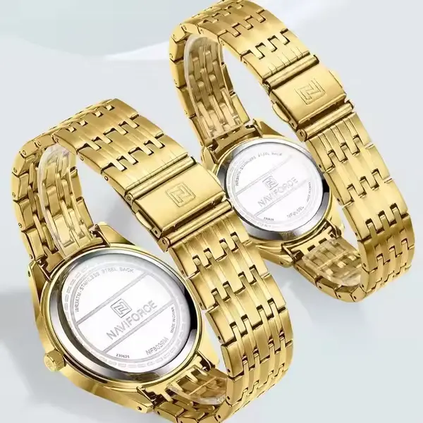 Naviforce NF8039 Luxury Stainless Steel Quartz Analog Casual Couple Watch – Dial Color: Gold, Strap Color: Gold  – View 3