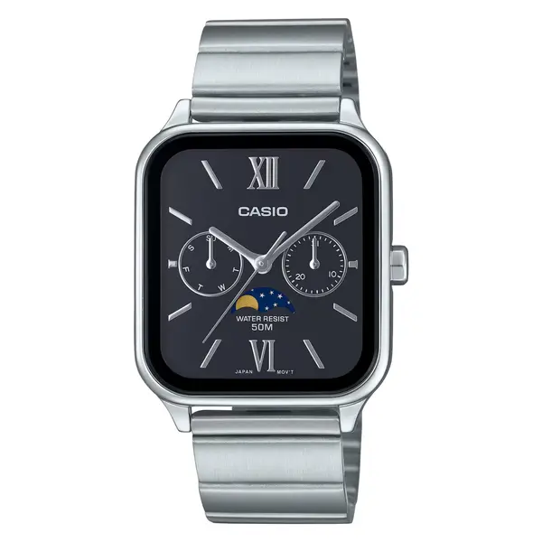 CASIO MTP-M305D-1A2VDF Moon Chaser Roman Hour Marker Silver Chain Unisex Analog Watch – Dial Color: Black, Strap Color: Silver – View 1