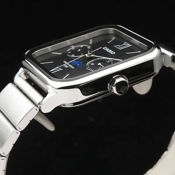 CASIO MTP-M305D-1A2VDF Moon Chaser Roman Hour Marker Silver Chain Unisex Analog Watch – Dial Color: Black, Strap Color: Silver – View 6