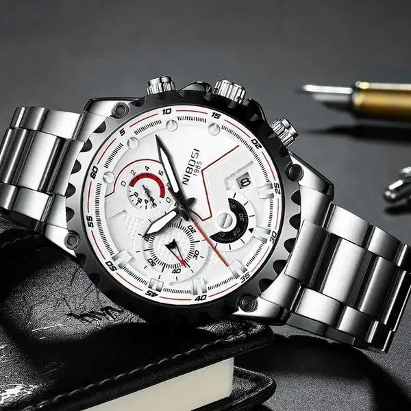 Nibosi 2322 Stylish Stainless Steel & Chronograph Men Watch – Dial Color: White, Strap Color: White – View 3