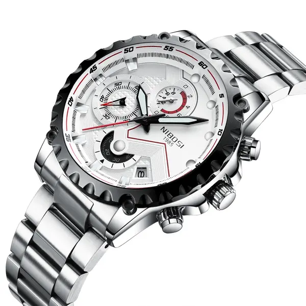 Nibosi 2322 Stylish Stainless Steel & Chronograph Men Watch – Dial Color: White, Strap Color: White – View 2