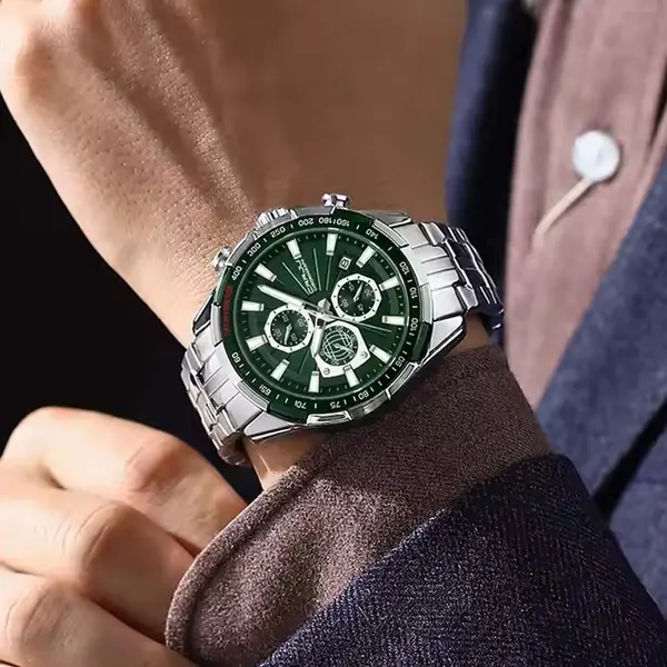 CRRJU 2306 High Quality Stainless Steel Multifunctional Quartz Classic Men's Watch – Dial Color: Green, Strap Color: Silver – View 3