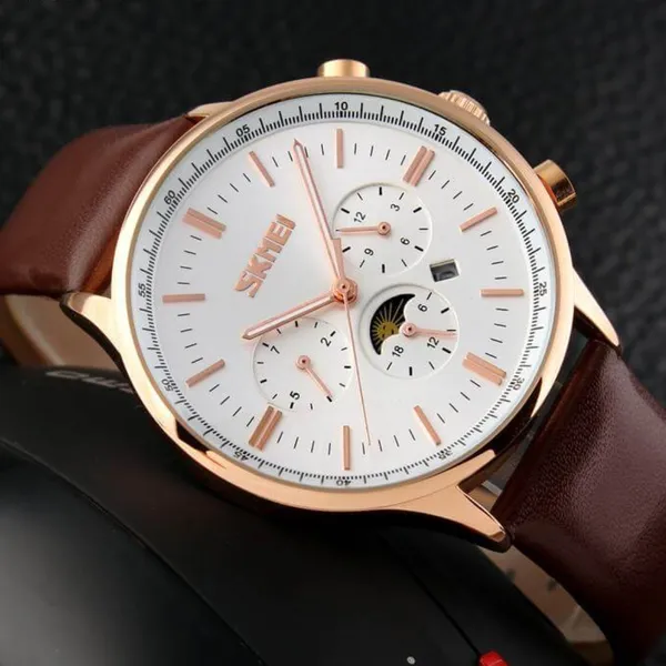 Skmei 9117 Genuine Leather Strap Classic Quartz Men's Watch – Dial Color: White, Strap Color: Rose – View 3