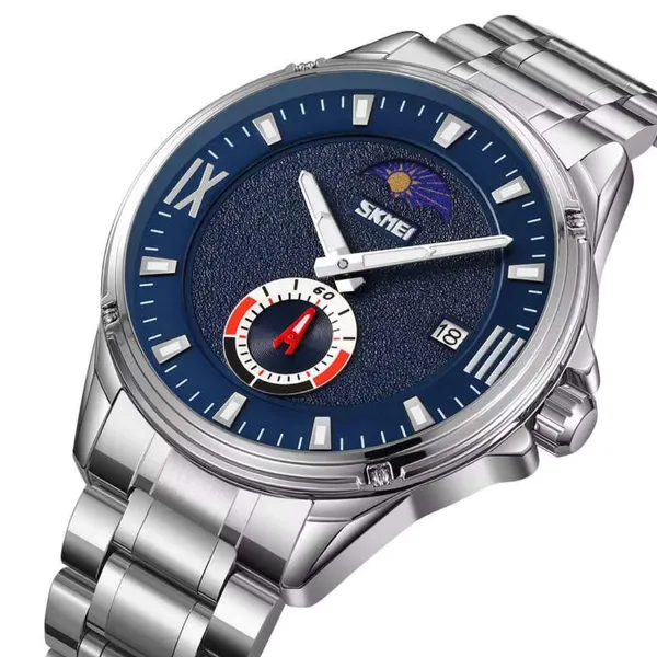 SKMEI 9326 Quartz Stainless Steel Analog Moon Phase Men's Watch – Dial Color: Blue, Strap Color: Silver – View 2