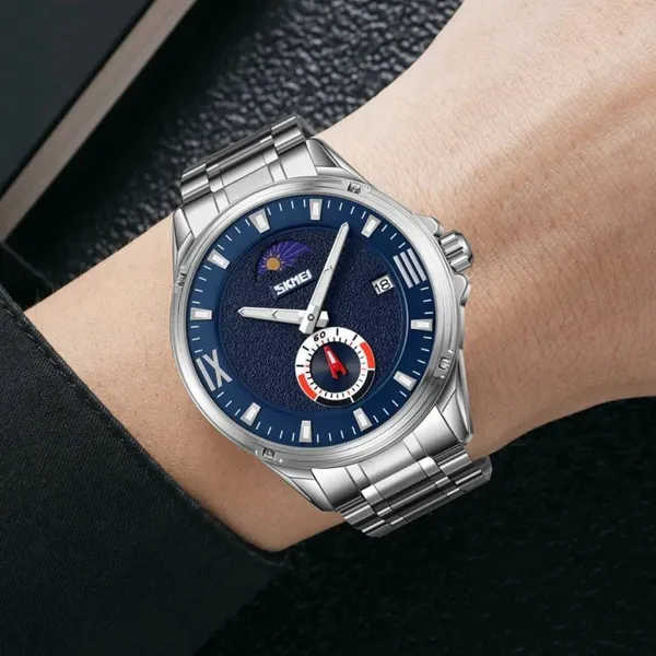 SKMEI 9326 Quartz Stainless Steel Analog Moon Phase Men's Watch – Dial Color: Blue, Strap Color: Silver – View 4