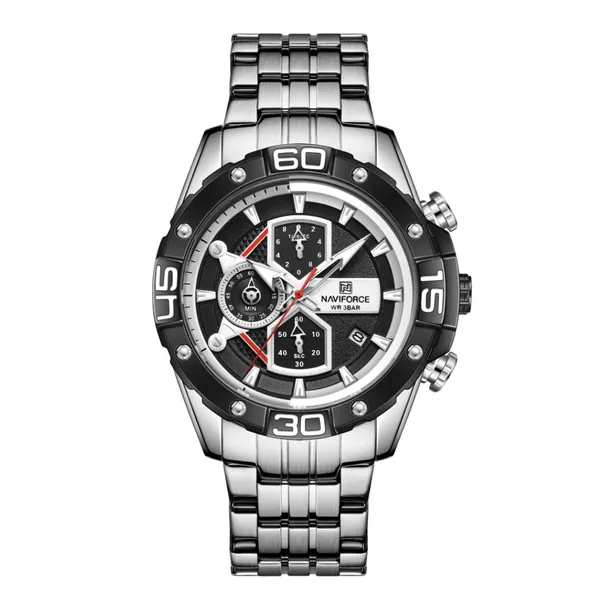 NAVIFORCE NF8018 Stainless Steel Chronograph Man's Watch – Dial Color: Black, Strap Color: Silver – View 1