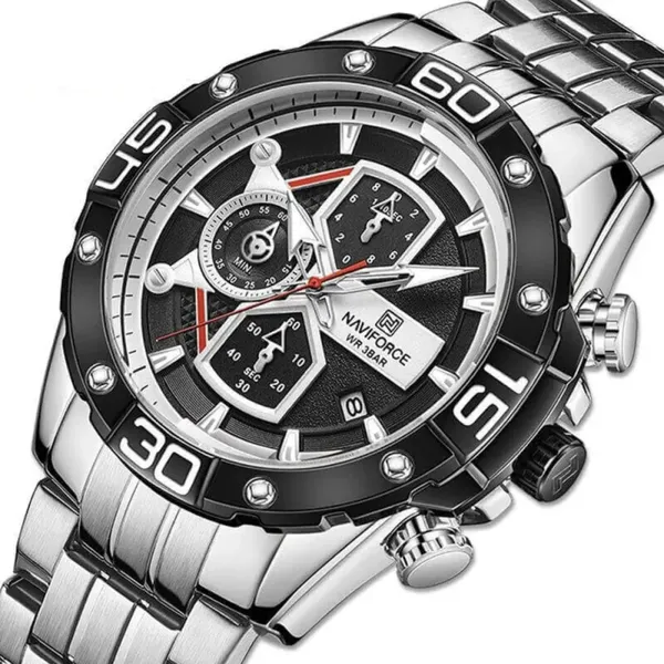 NAVIFORCE NF8018 Stainless Steel Chronograph Man's Watch – Dial Color: Black, Strap Color: Silver – View 2