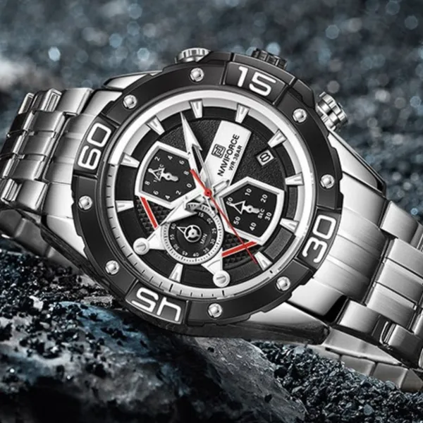 NAVIFORCE NF8018 Stainless Steel Chronograph Man's Watch – Dial Color: Black, Strap Color: Silver – View 3