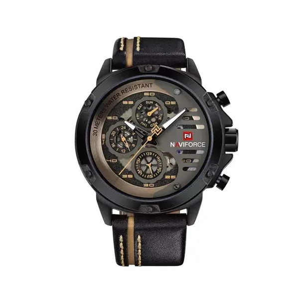 Naviforce NF9110L Genuine Leather Strap Six Hands Quartz Classic Men's Watch – Dial Color: Grey, Strap Color: Black – View 1