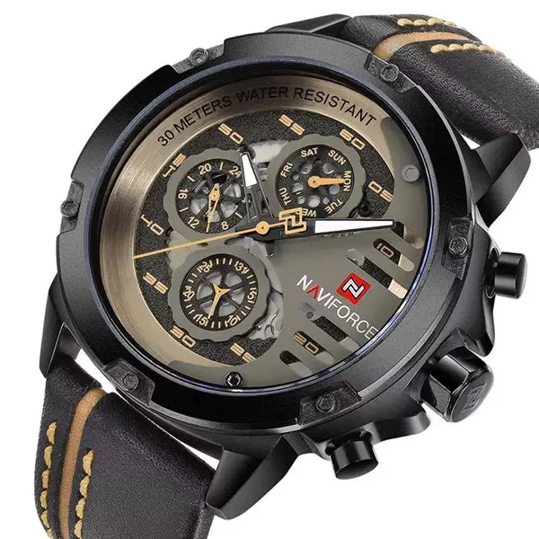 Naviforce NF9110L Genuine Leather Strap Six Hands Quartz Classic Men's Watch – Dial Color: Grey, Strap Color: Black – View 2