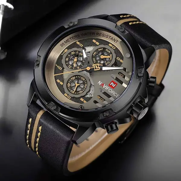 Naviforce NF9110L Genuine Leather Strap Six Hands Quartz Classic Men's Watch – Dial Color: Grey, Strap Color: Black – View 3