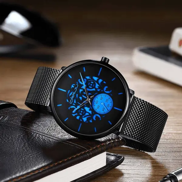 CRRJU 2150 Black Mesh Stainless Steel Ultra Slim Modern Fashion Men's Watch – Dial Color: Blue, Strap Color: Black – View 2