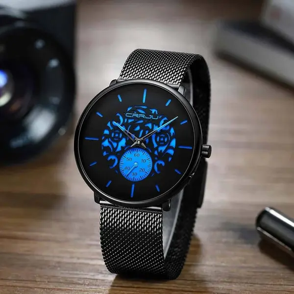 CRRJU 2150 Black Mesh Stainless Steel Ultra Slim Modern Fashion Men's Watch – Dial Color: Blue, Strap Color: Black – View 3
