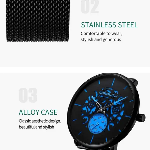 CRRJU 2150 Black Mesh Stainless Steel Ultra Slim Modern Fashion Men's Watch – Dial Color: Blue, Strap Color: Black – View 4