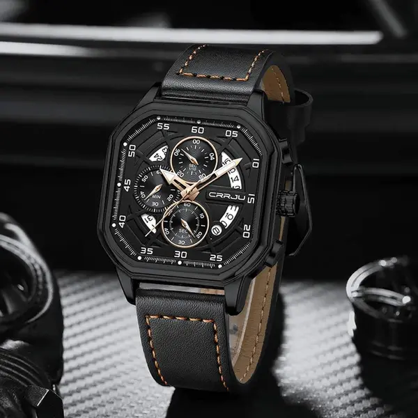 CRRJU 2287 Fusion Of Minimalist Style & Timeless Elegance Steel Analog Quartz Men Watch – Dial Color: Rose, Strap Color: Black – View 3