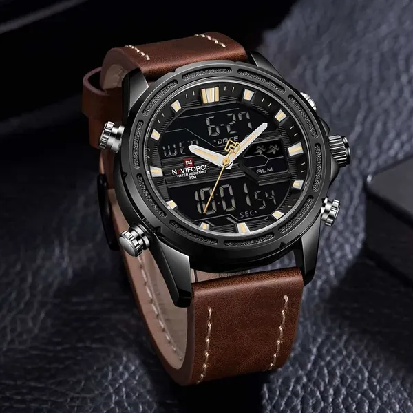 NAVIFORCE NF9138L PU Leather Dual Time Wrist Men's Watch – Dial Color: Black, Strap Color:  Brown  – View 3