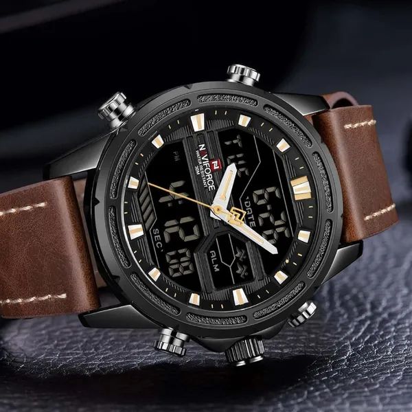 NAVIFORCE NF9138L PU Leather Dual Time Wrist Men's Watch – Dial Color: Black, Strap Color:  Brown  – View 4