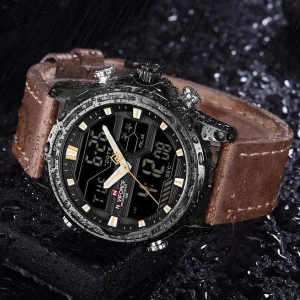 NAVIFORCE NF9138L PU Leather Dual Time Wrist Men's Watch – Dial Color: Black, Strap Color:  Brown  – View 5