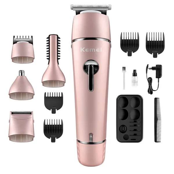 Kemei KM-1015 10 in 1 Electric Rechargeable Waterproof Hair Trimmer – Color: Pink – View 1