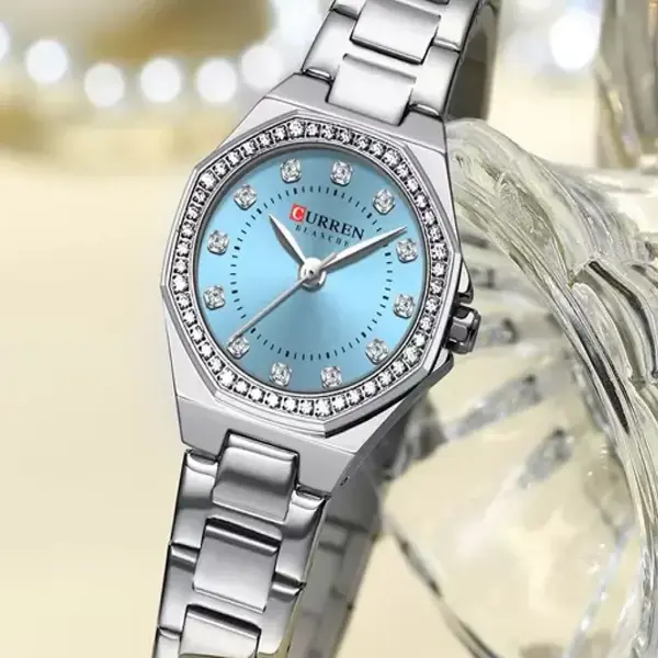 CURREN 9100 Women New Luxury Elegance Quartz Watch – Dial Color: Sky Blue, Strap Color: Gold  – View 3