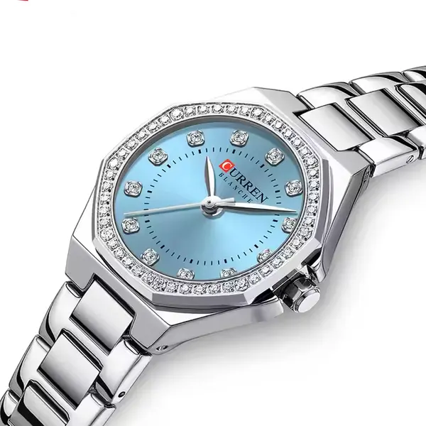CURREN 9100 Women New Luxury Elegance Quartz Watch – Dial Color: Sky Blue, Strap Color: Gold  – View 2