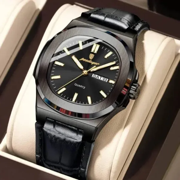 Poedagar 853L Quartz Square Waterproof Luminous Men's Watch – Dial Color: Black, Strap Color: Black – View 2