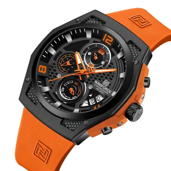 NAVIFORCE NF8051T Luxury Silicone Band Quartz Men's Watch – Dial Color: Black, Strap Color: Orange – View 2