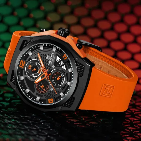 NAVIFORCE NF8051T Luxury Silicone Band Quartz Men's Watch – Dial Color: Black, Strap Color: Orange – View 3