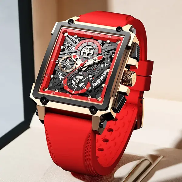 LIGE 8935 Exclusive Square Dial Analog Hollow Luxury Men's Watch – Dial Color: Red, Strap Color: Red – View 2