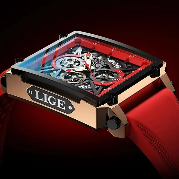 LIGE 8935 Exclusive Square Dial Analog Hollow Luxury Men's Watch – Dial Color: Red, Strap Color: Red – View 3