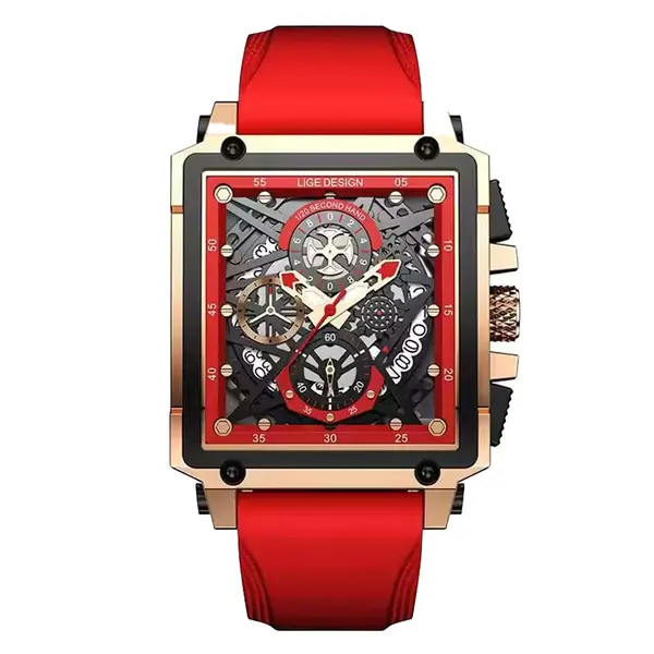 LIGE 8935 Exclusive Square Dial Analog Hollow Luxury Men's Watch – Dial Color: Red, Strap Color: Red – View 1