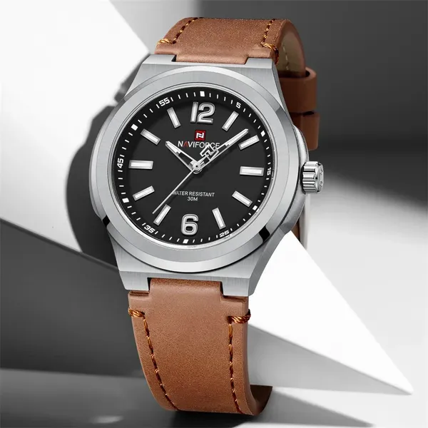 NAVIFORCE NF9233 Genuine Leather Strap Quartz Comfortable Men's Watch – Dial Color: Silver, Strap Color: Brown – View 2