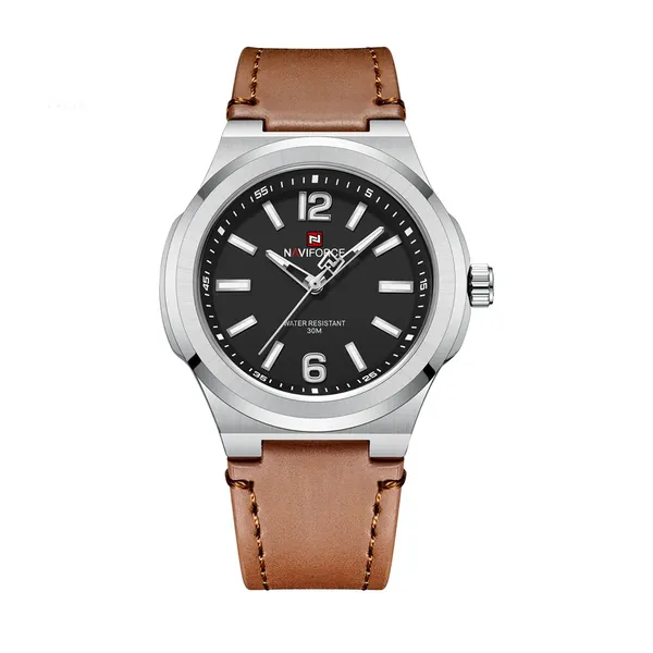 NAVIFORCE NF9233 Genuine Leather Strap Quartz Comfortable Men's Watch – Dial Color: Silver, Strap Color: Brown – View 1