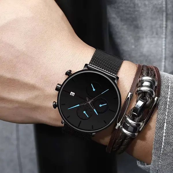 CRRJU 2268 Luxury Black Mesh Steel Band Chronograph Casual Fashion Men’s Watch – Dial Color: Blue, Strap Color: Black – View 5